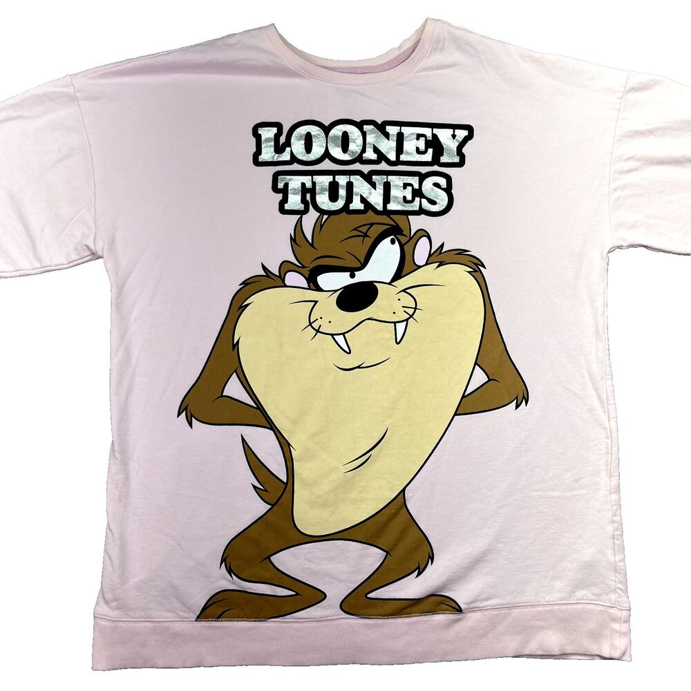 Tasmanian Devil Taz 90s Long Sleeve T Shirt Pink Sz M Flece Lined Looney Tunes